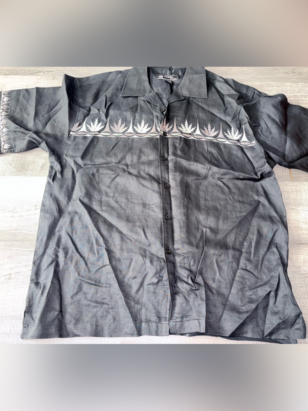 Brock Jeans black Linen Shirt Men's L Embroidery Front Button Up Beach Summer